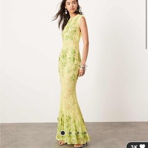 ASOS EDITION sheer embroidered floral lace open back maxi dress, lime green.